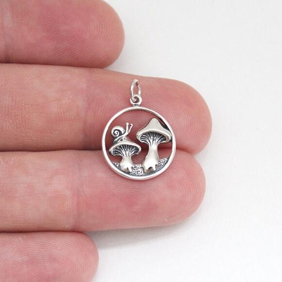 Sterling Silver Encircled Mushrooms Charm with Curious Snail Visitor - Picture 1 of 5